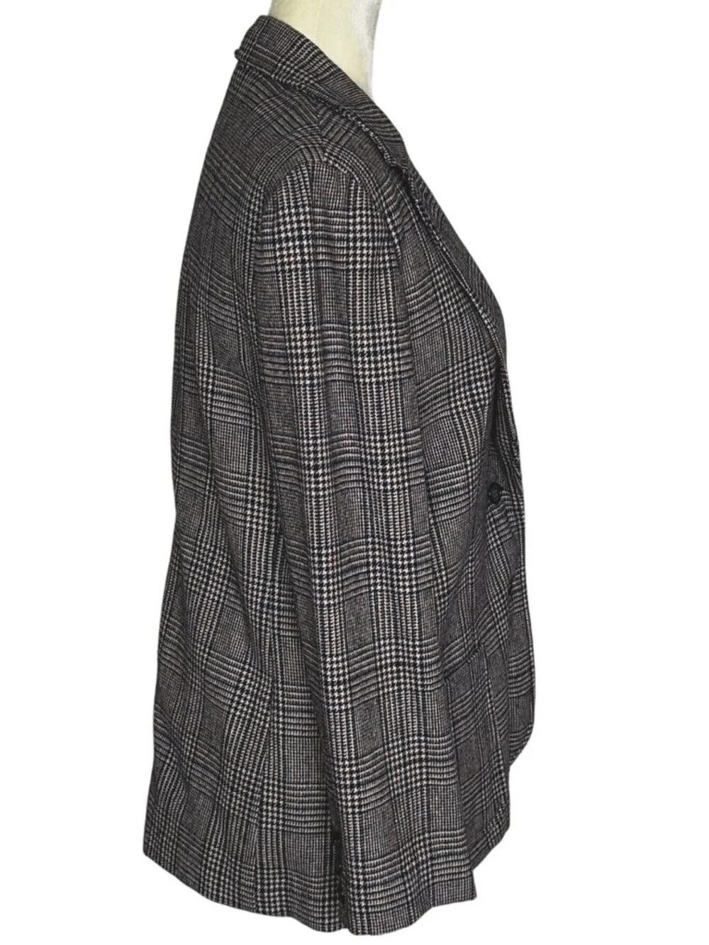 Vintage 70s Houndstooth Plaid Blazer Navy Burgundy Wool Look Tailored Jacket